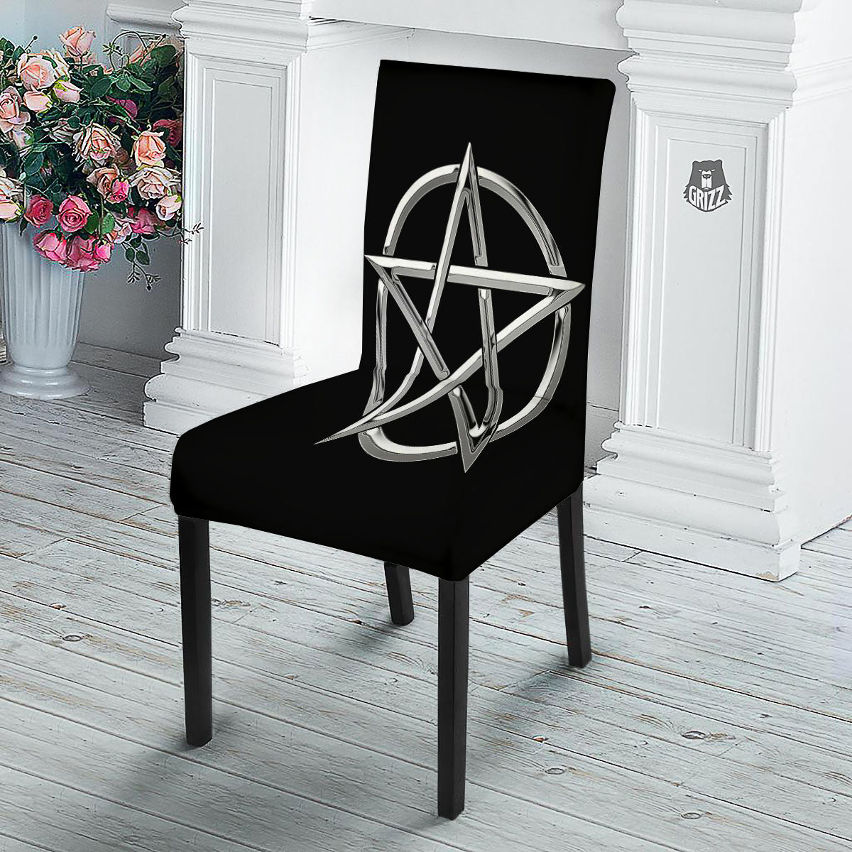 Pentagram Symbol White And Black Print Dining Chair Slipcover-grizzshop