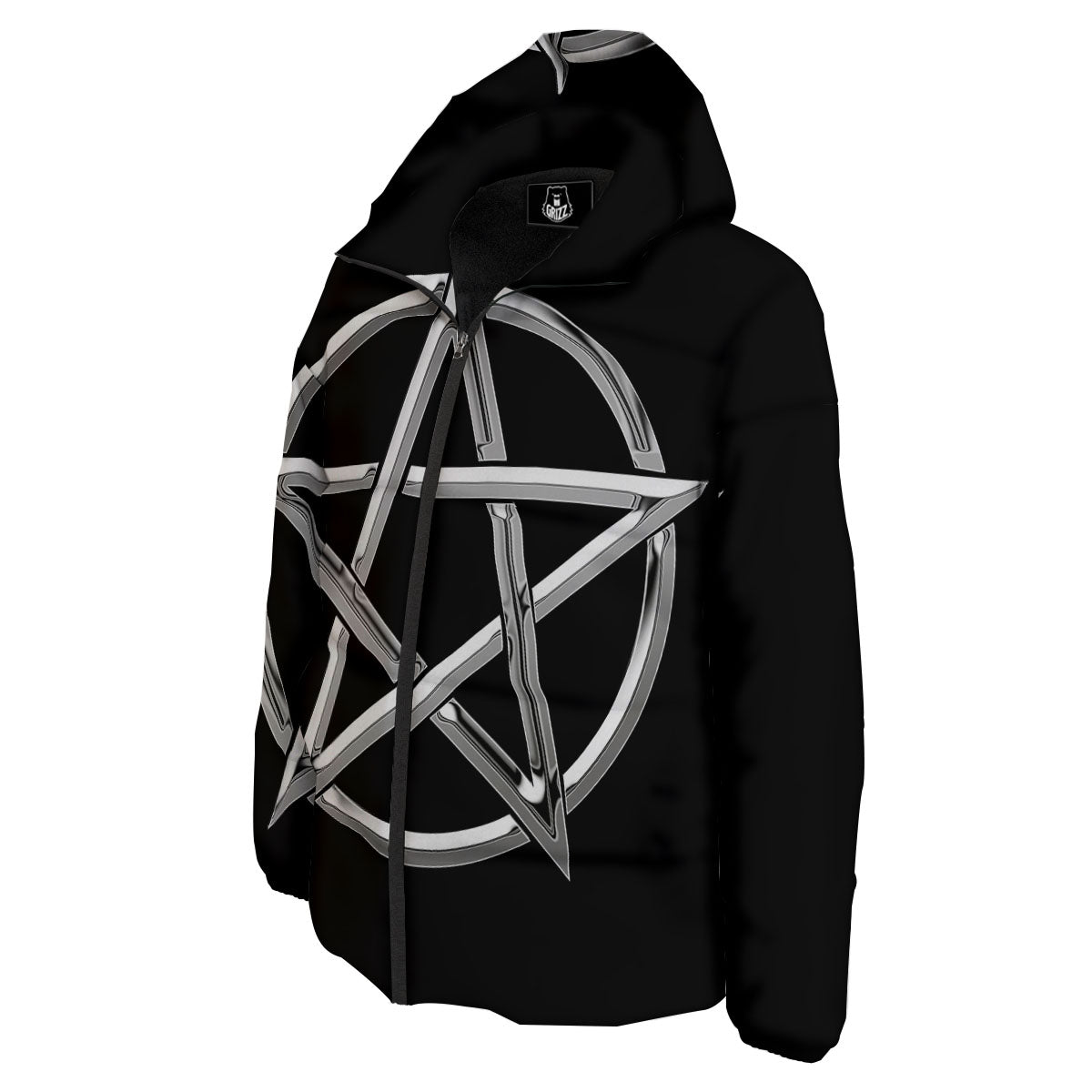 Pentagram Symbol White And Black Print Down Jacket-grizzshop