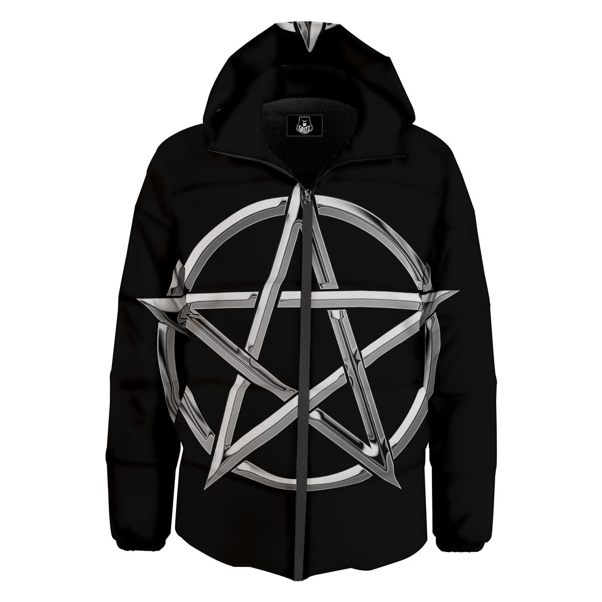 Pentagram Symbol White And Black Print Down Jacket-grizzshop