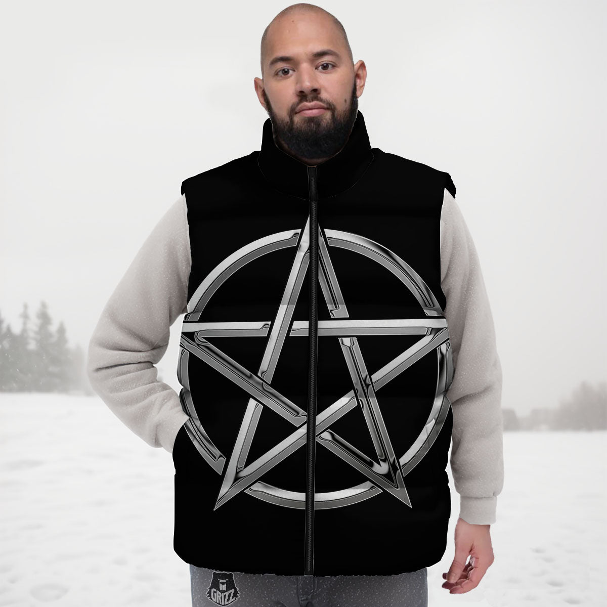 Pentagram Symbol White And Black Print Down Vest