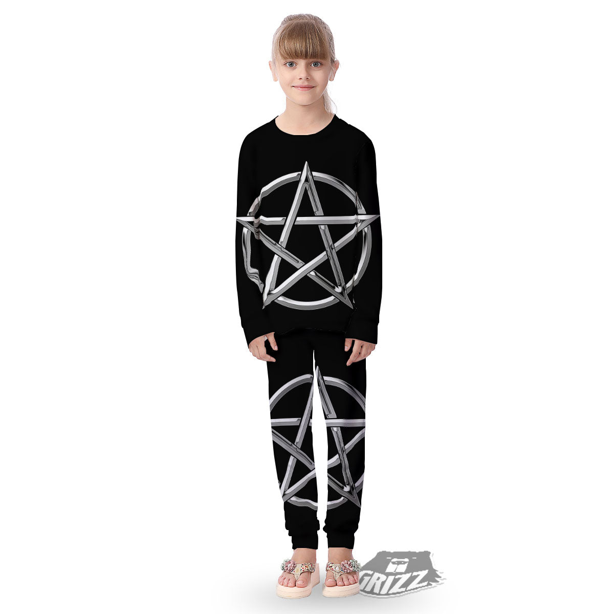 Pentagram Symbol White And Black Print Kid's Pajamas-grizzshop