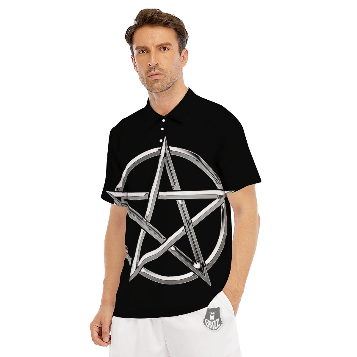 Pentagram Symbol White And Black Print Men's Golf Shirts-grizzshop