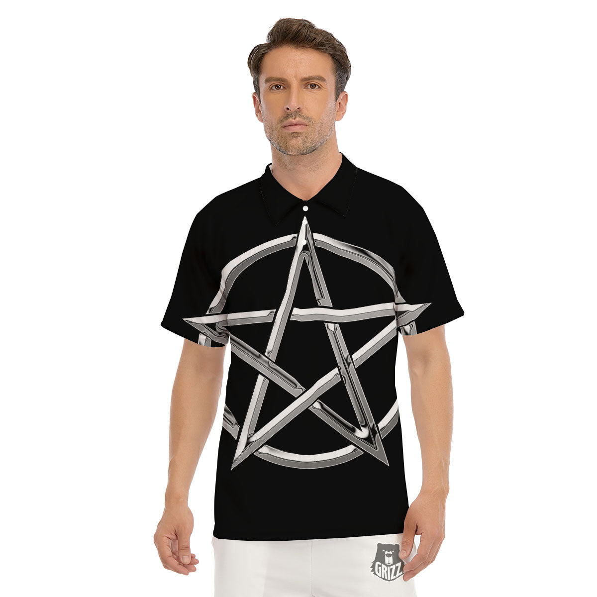 Pentagram Symbol White And Black Print Men's Golf Shirts-grizzshop