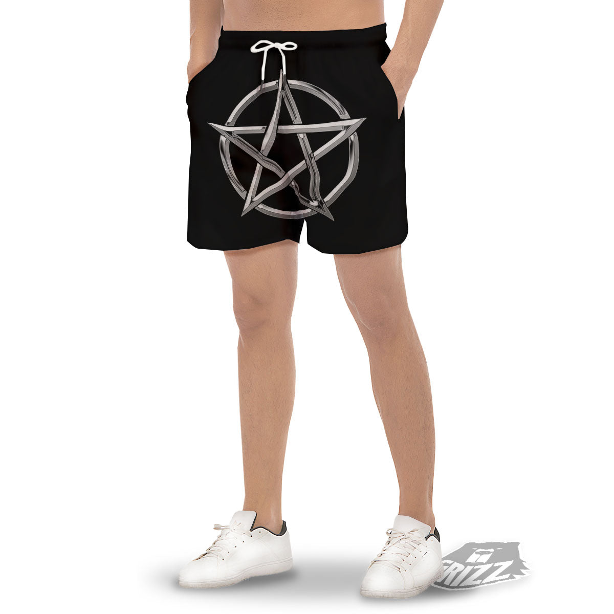Pentagram Symbol White And Black Print Men's Gym Shorts-grizzshop