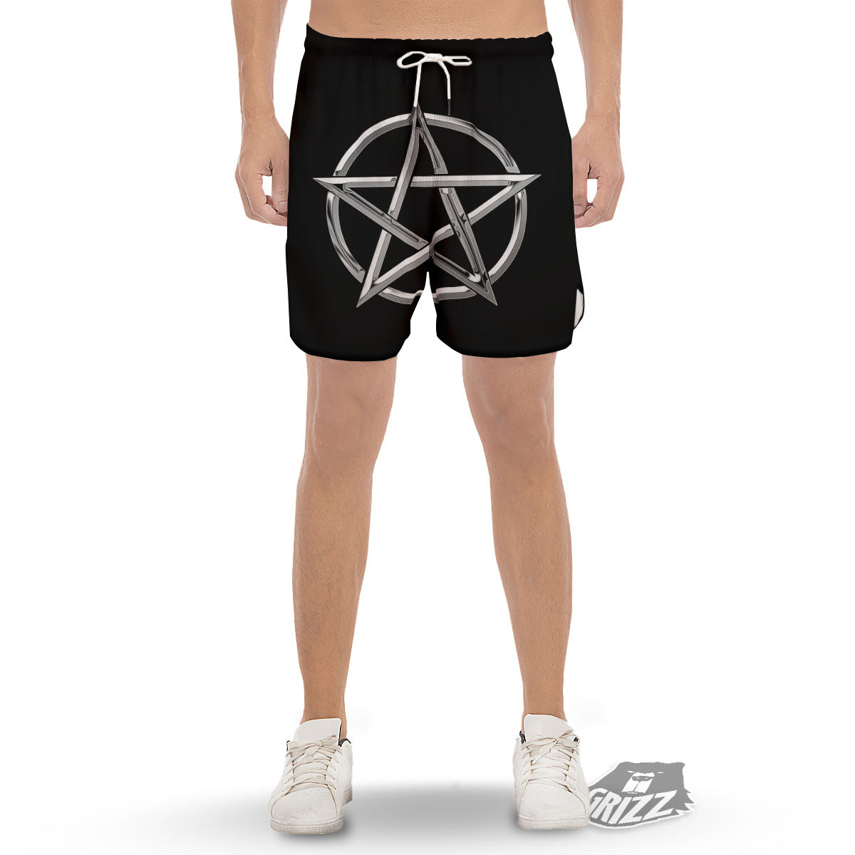 Pentagram Symbol White And Black Print Men's Gym Shorts-grizzshop