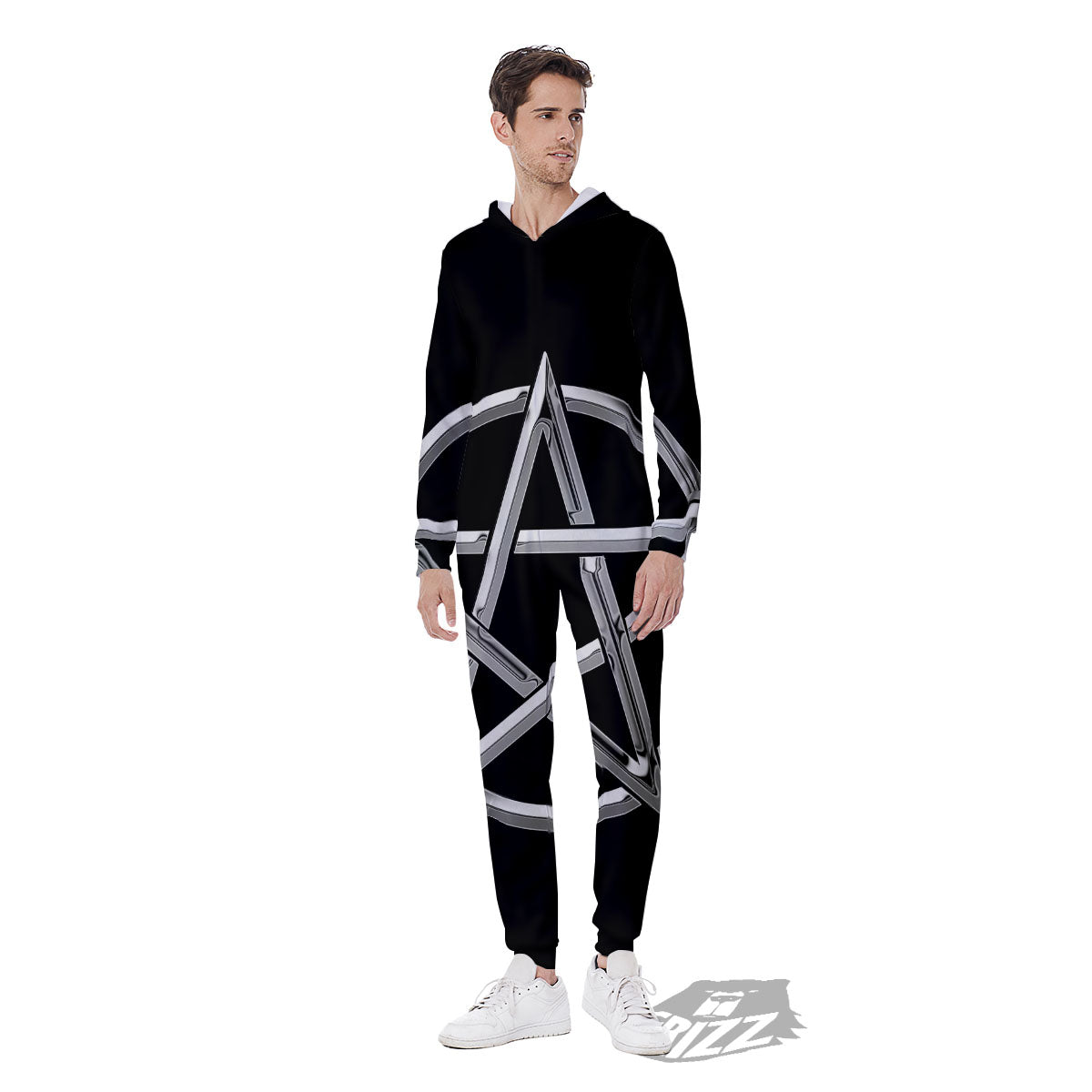Pentagram Symbol White And Black Print Men's Jumpsuit-grizzshop