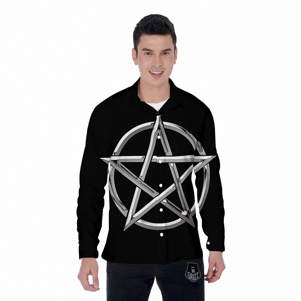 Pentagram Symbol White And Black Print Men's Long Sleeve Shirts-grizzshop