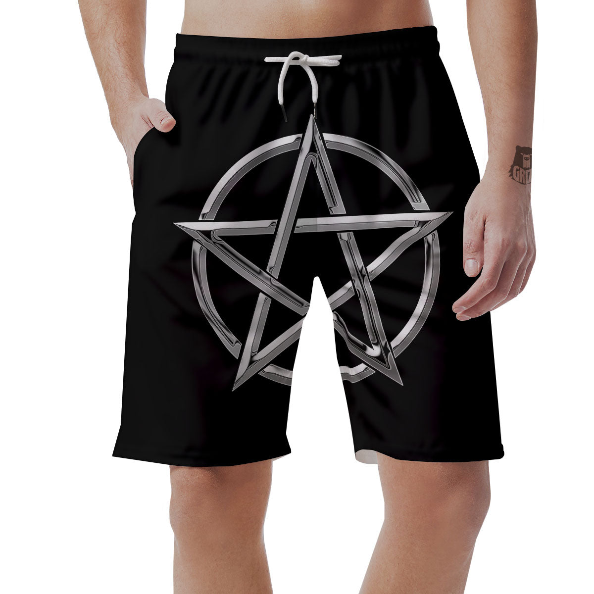 Pentagram Symbol White And Black Print Men's Shorts-grizzshop
