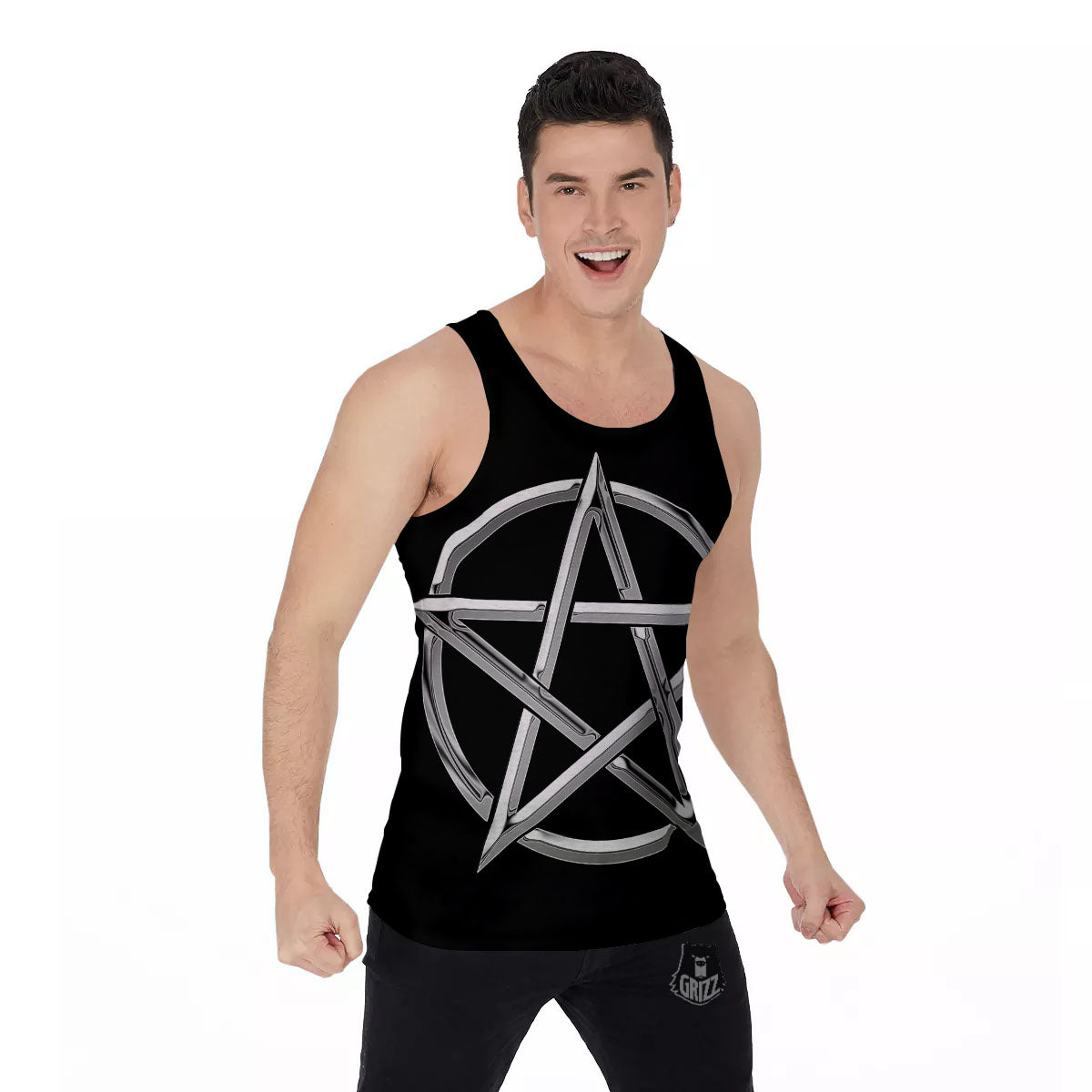 Pentagram Symbol White And Black Print Men's Tank Top-grizzshop