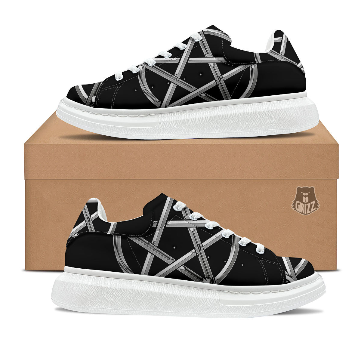 Pentagram Symbol White And Black Print Platform Shoes-grizzshop