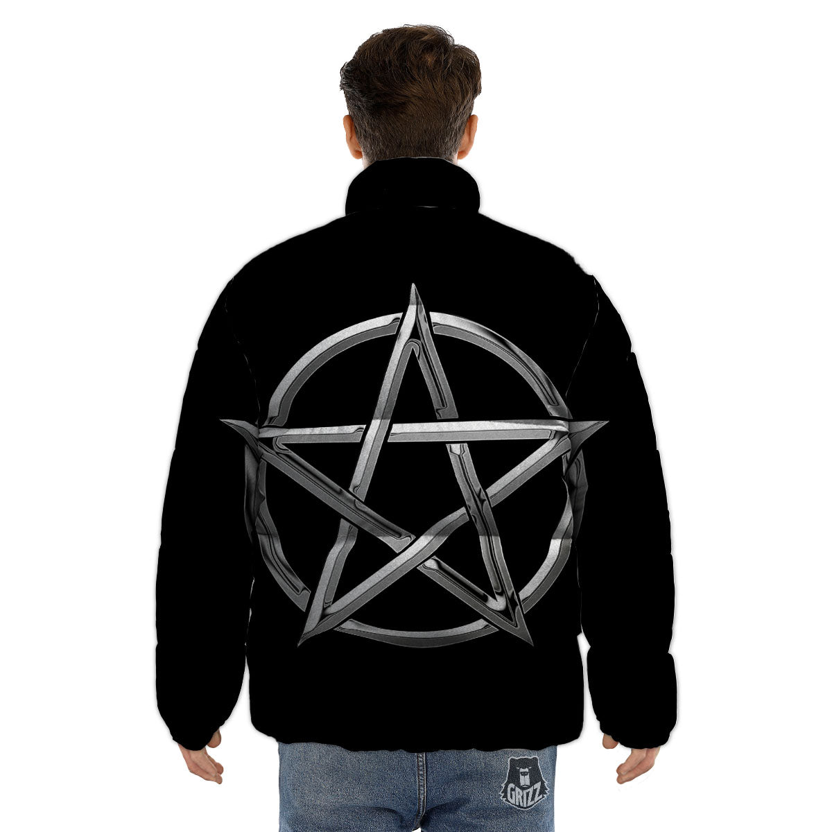 Pentagram Symbol White And Black Print Puffer Jacket-grizzshop