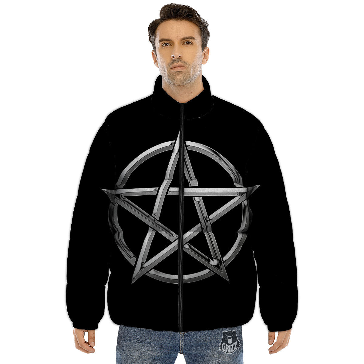 Pentagram Symbol White And Black Print Puffer Jacket-grizzshop