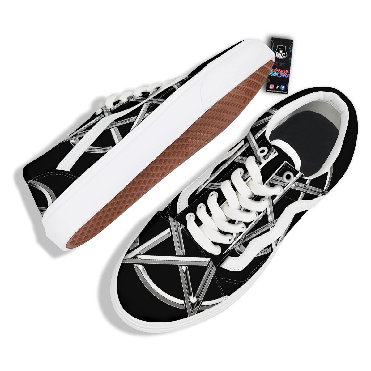 Pentagram Symbol White And Black Print Skate Shoes-grizzshop