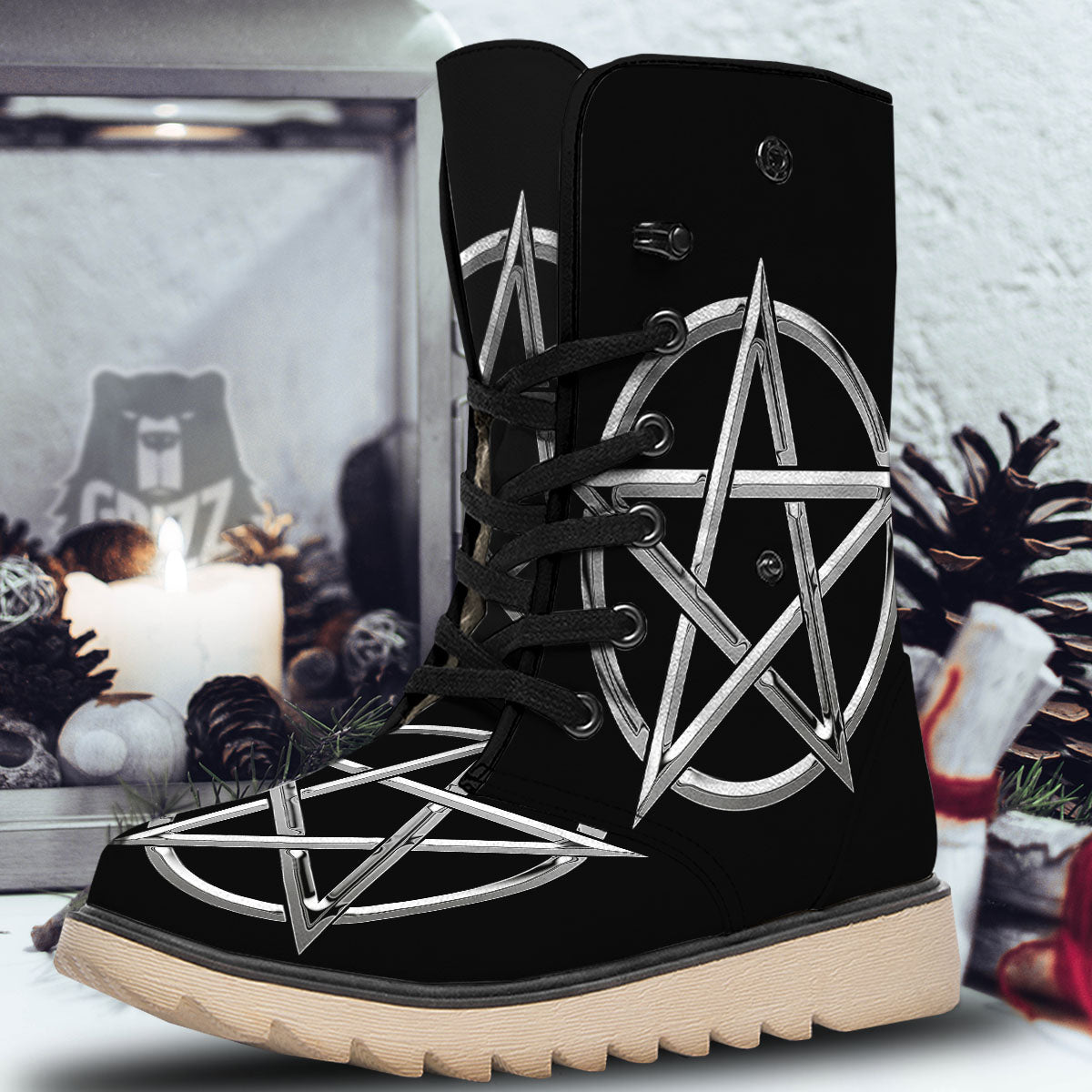 Pentagram Symbol White And Black Print Snow Boots-grizzshop