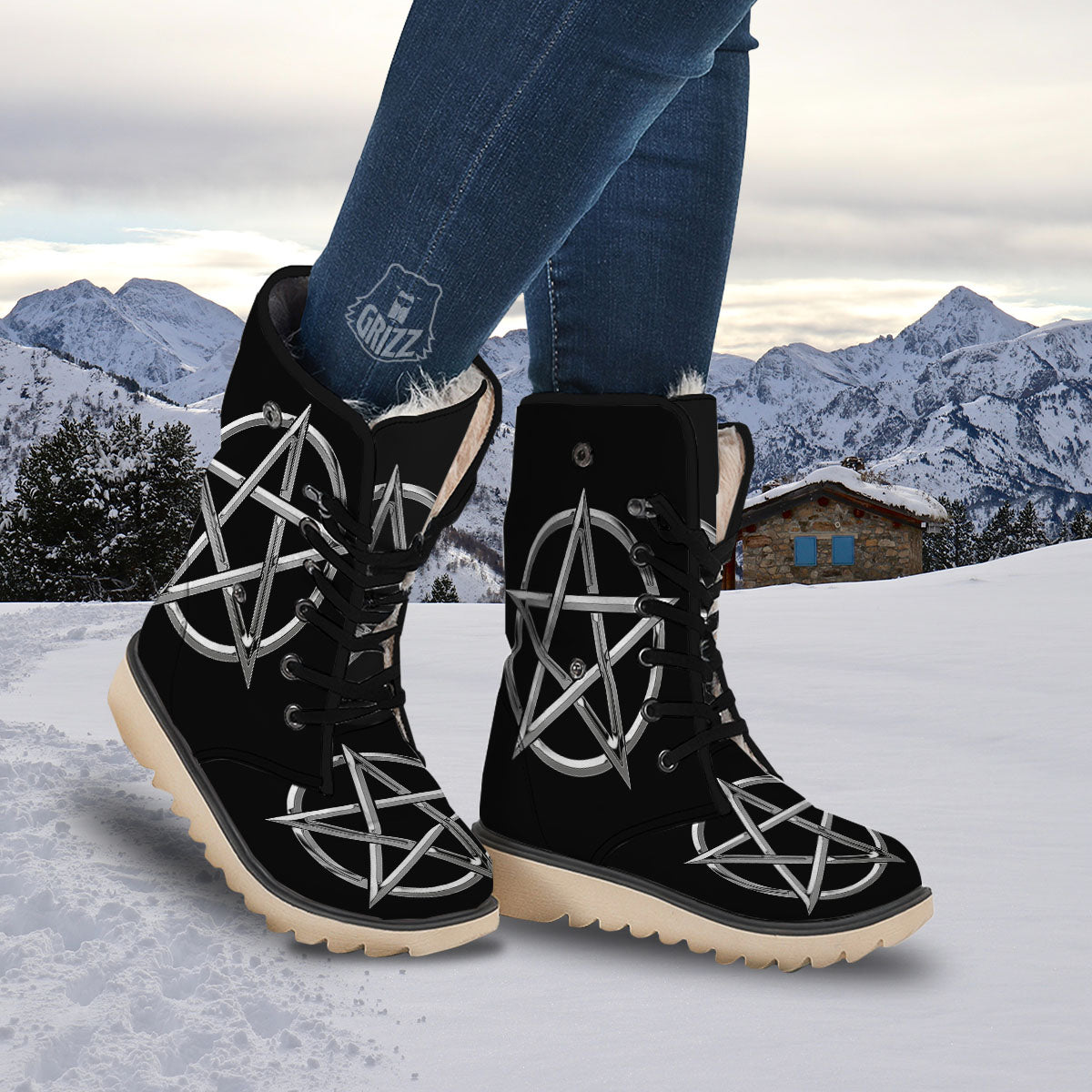 Pentagram Symbol White And Black Print Snow Boots-grizzshop