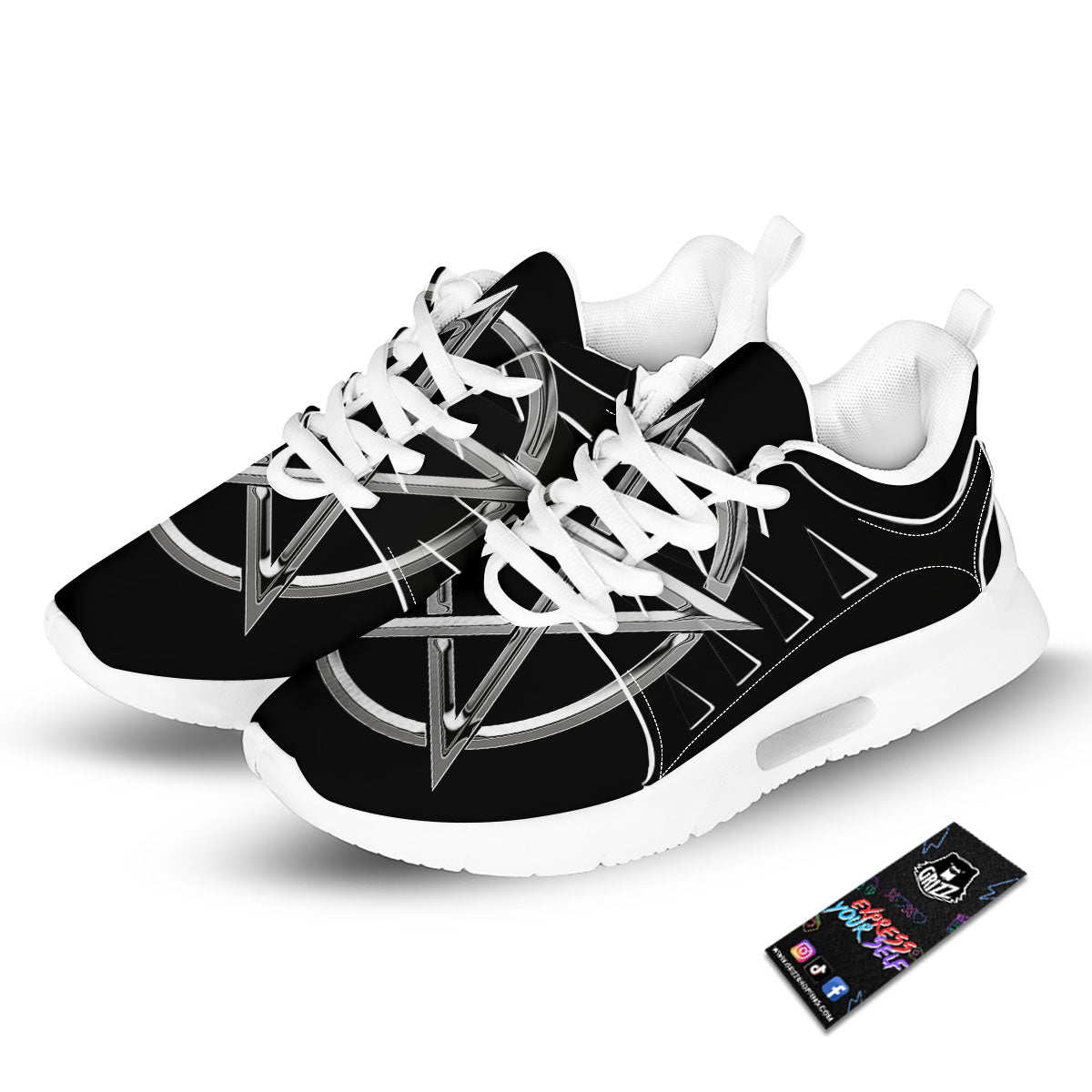 Pentagram Symbol White And Black Print Tennis Shoes-grizzshop