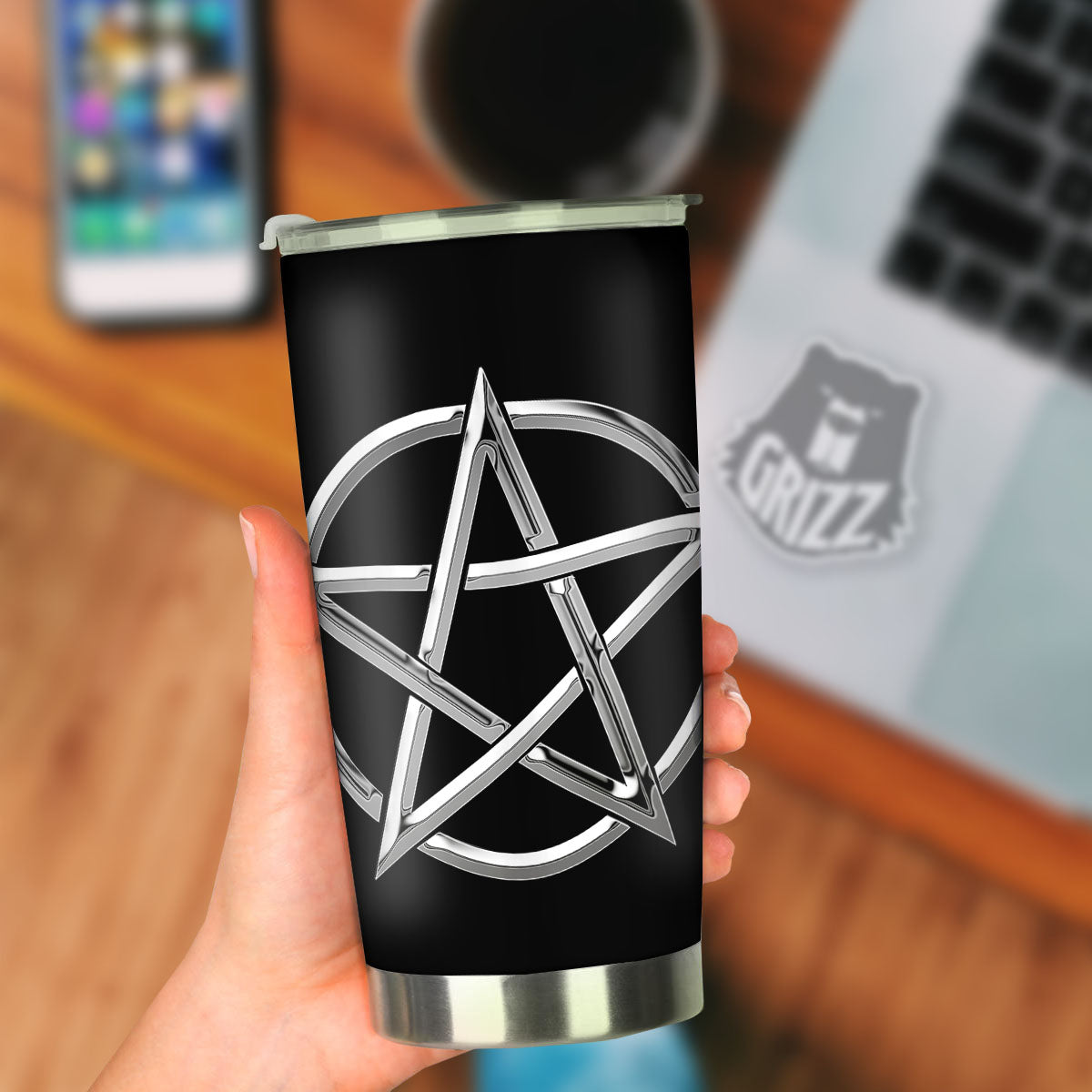 Pentagram Symbol White And Black Print Tumbler-grizzshop