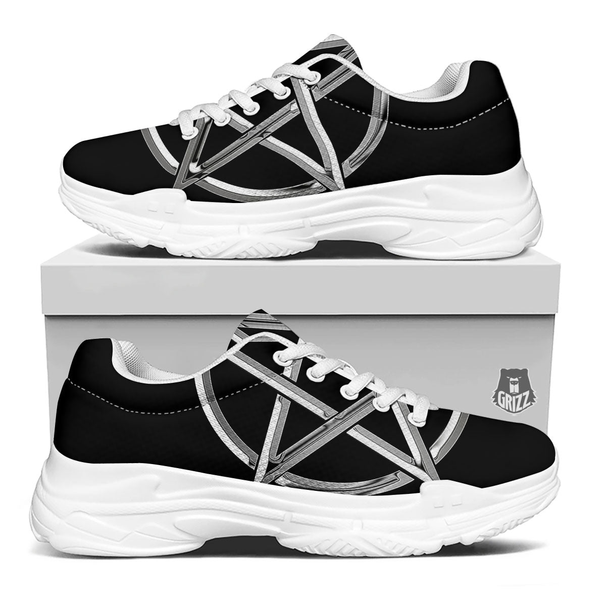 Pentagram Symbol White And Black Print White Chunky Shoes-grizzshop