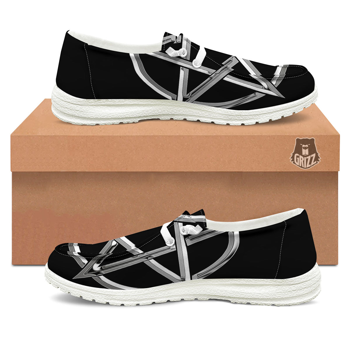 Pentagram Symbol White And Black Print White Loafers-grizzshop