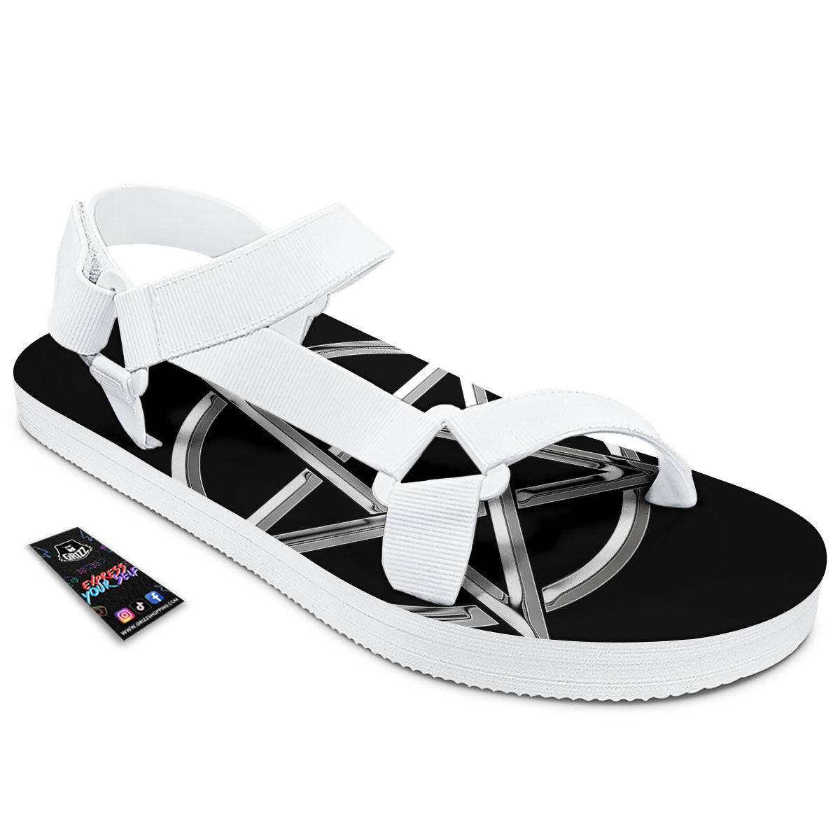 Pentagram Symbol White And Black Print White Open Toe Sandals-grizzshop