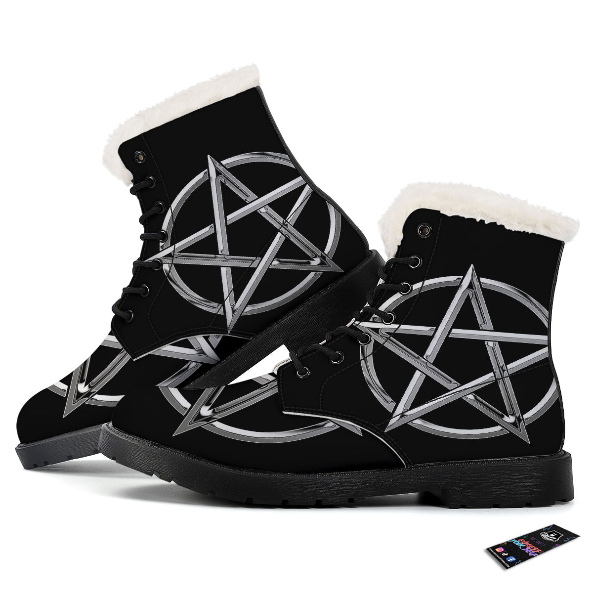 Pentagram Symbol White And Black Print Winter Boots-grizzshop