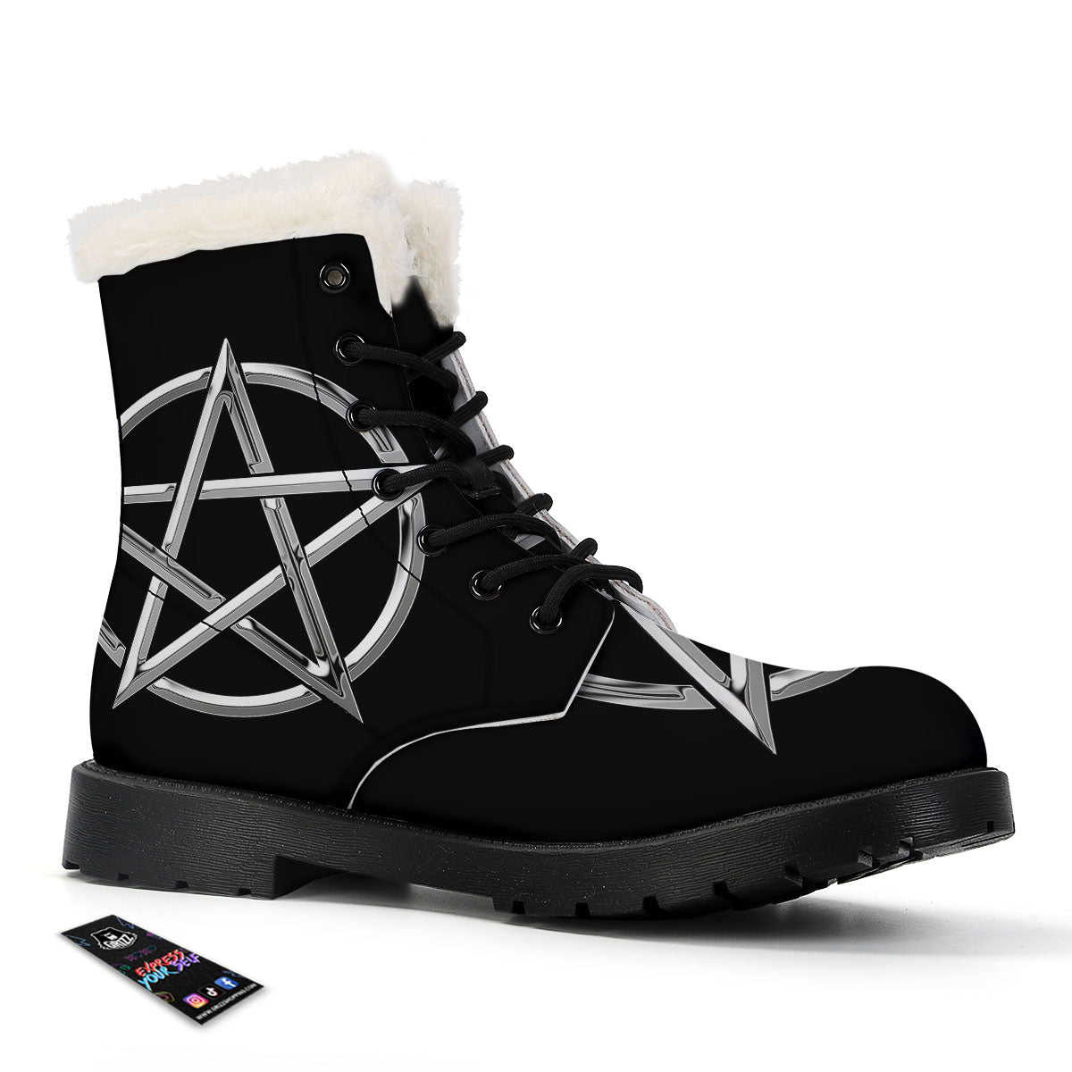 Pentagram Symbol White And Black Print Winter Boots-grizzshop