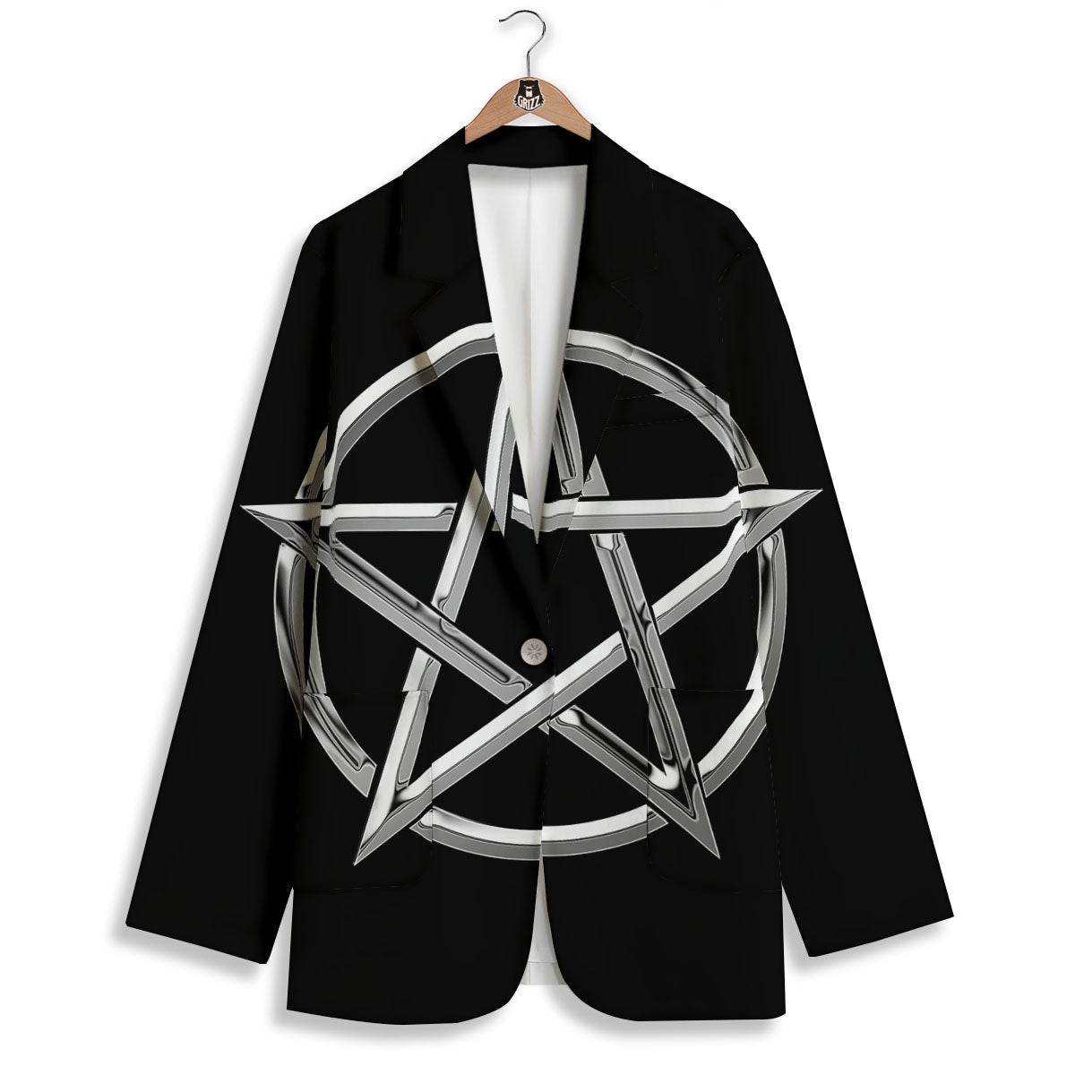 Pentagram Symbol White And Black Print Women's Blazer-grizzshop
