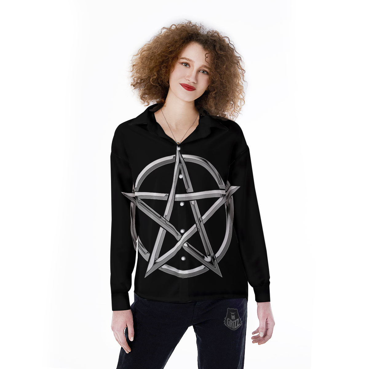 Pentagram Symbol White And Black Print Women's Long Sleeve Shirts-grizzshop