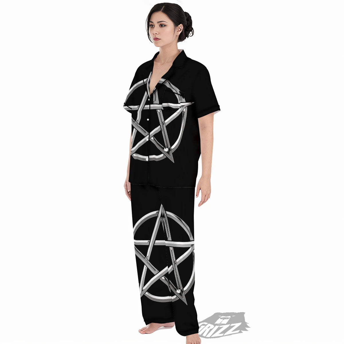 Pentagram Symbol White And Black Print Women's Pajamas Set-grizzshop