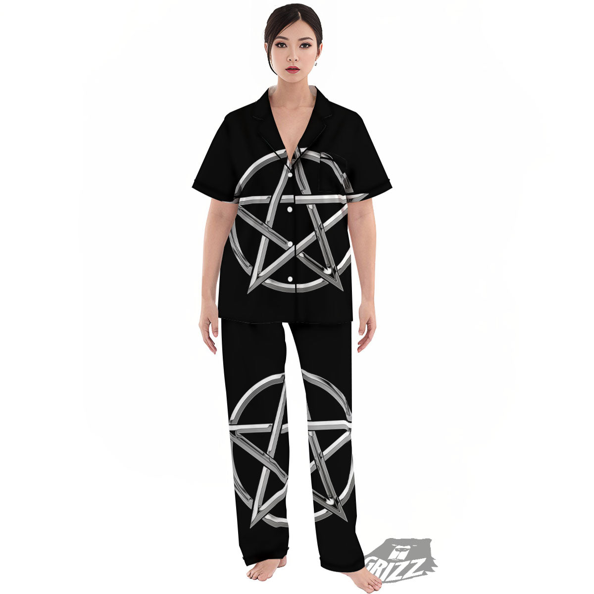 Pentagram Symbol White And Black Print Women's Pajamas Set-grizzshop