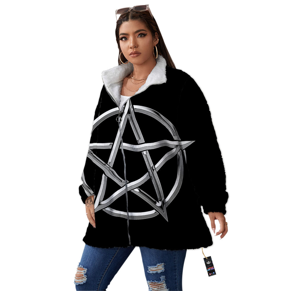 Pentagram Symbol White And Black Print Women's Sherpa Jacket-grizzshop