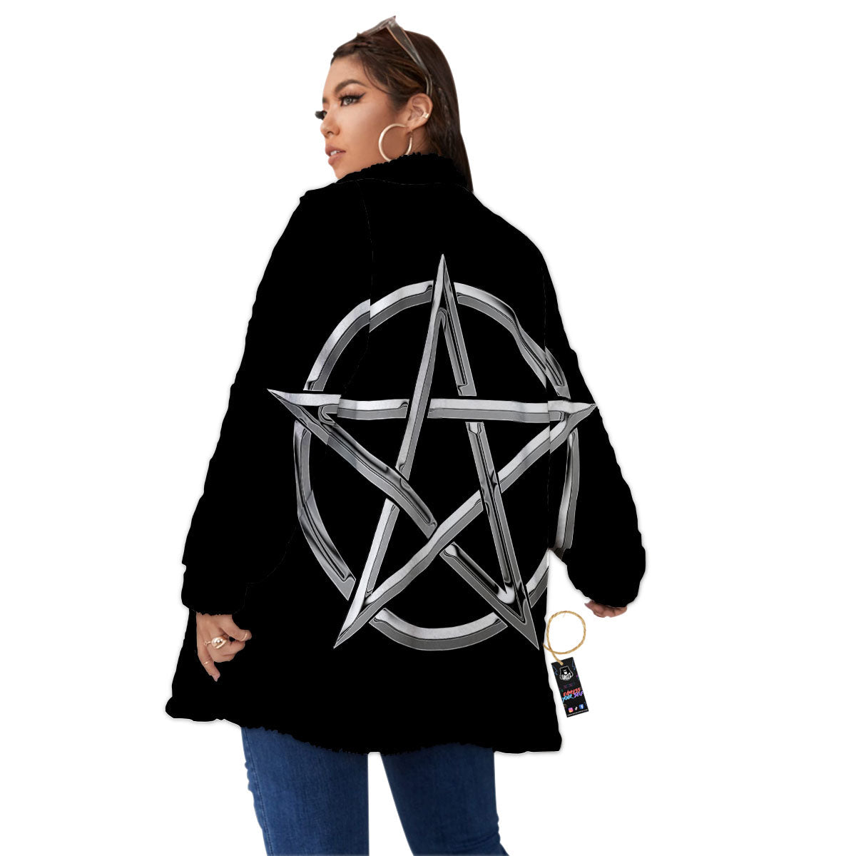 Pentagram Symbol White And Black Print Women's Sherpa Jacket-grizzshop