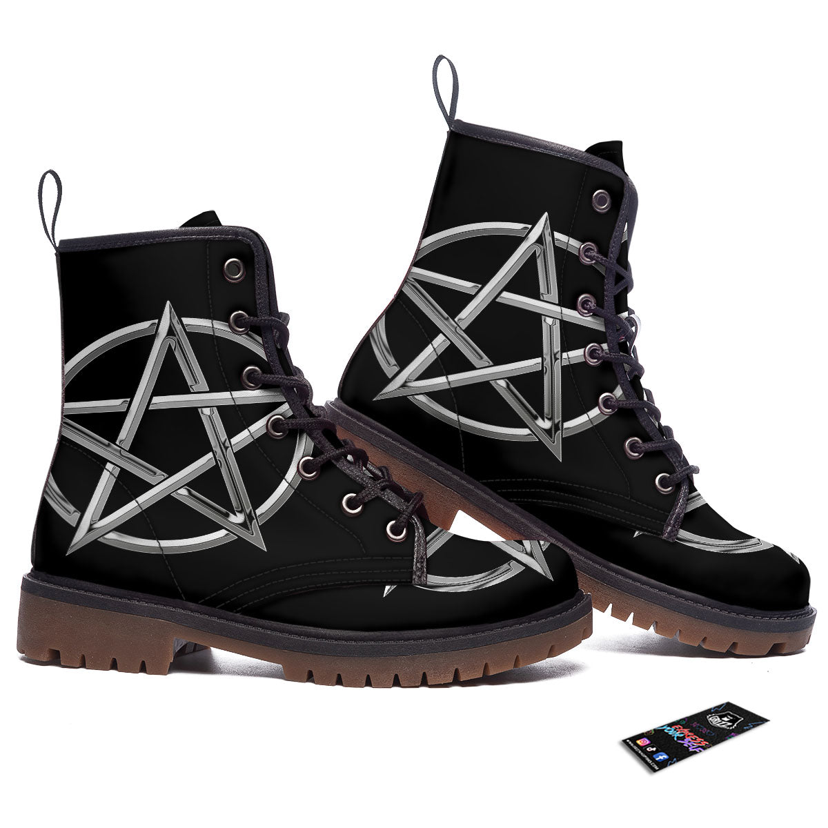 Pentagram Symbol White And Black Print Work Boots-grizzshop