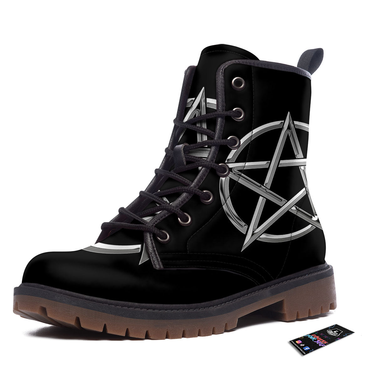 Pentagram Symbol White And Black Print Work Boots-grizzshop