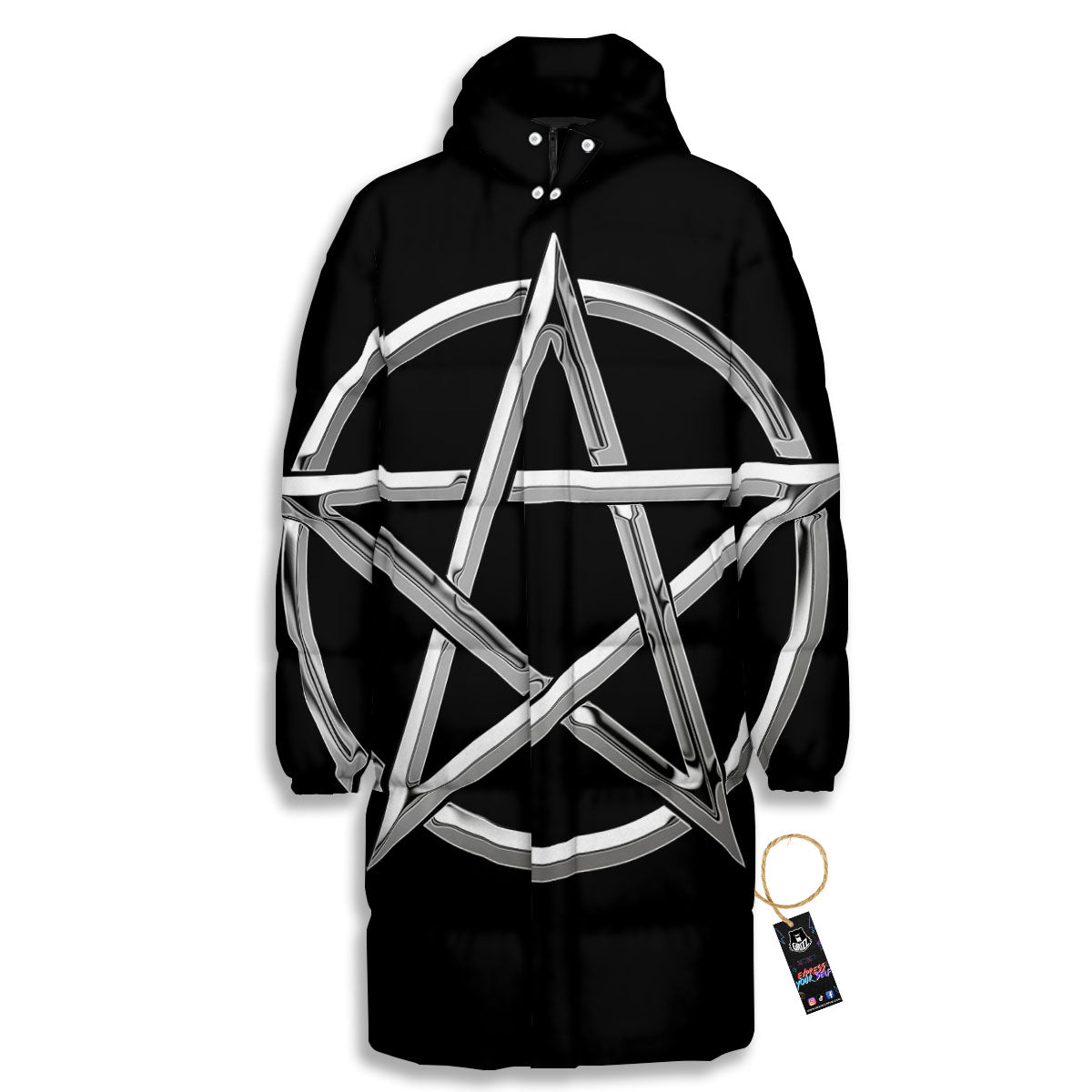 Pentagram Symbol White And Black Print Long Down Jacket