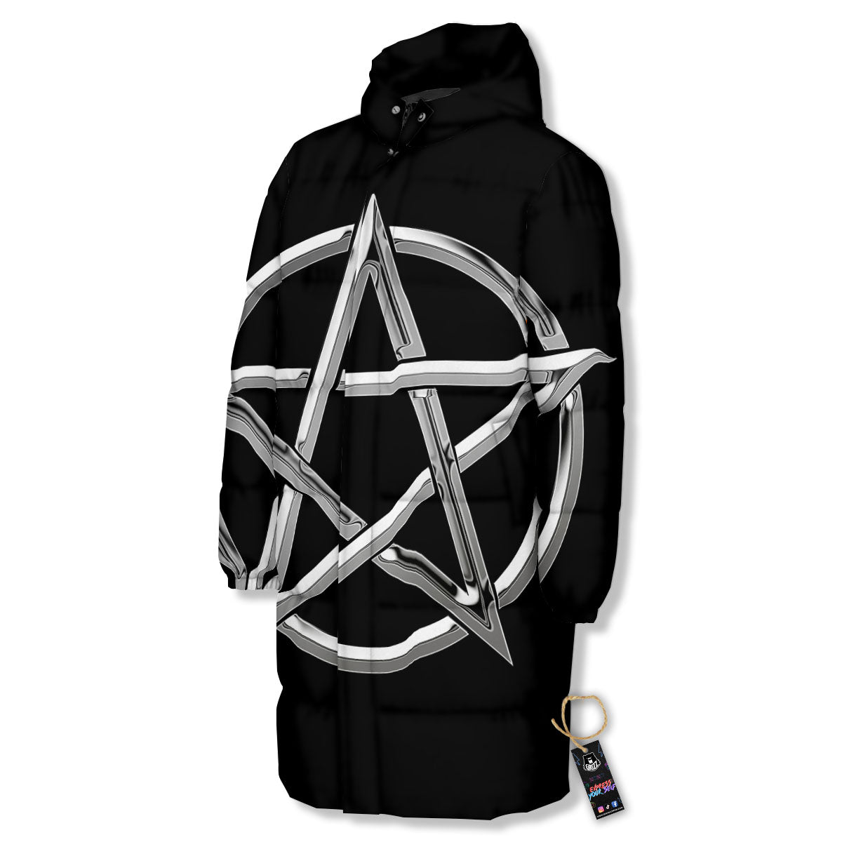 Pentagram Symbol White And Black Print Long Down Jacket