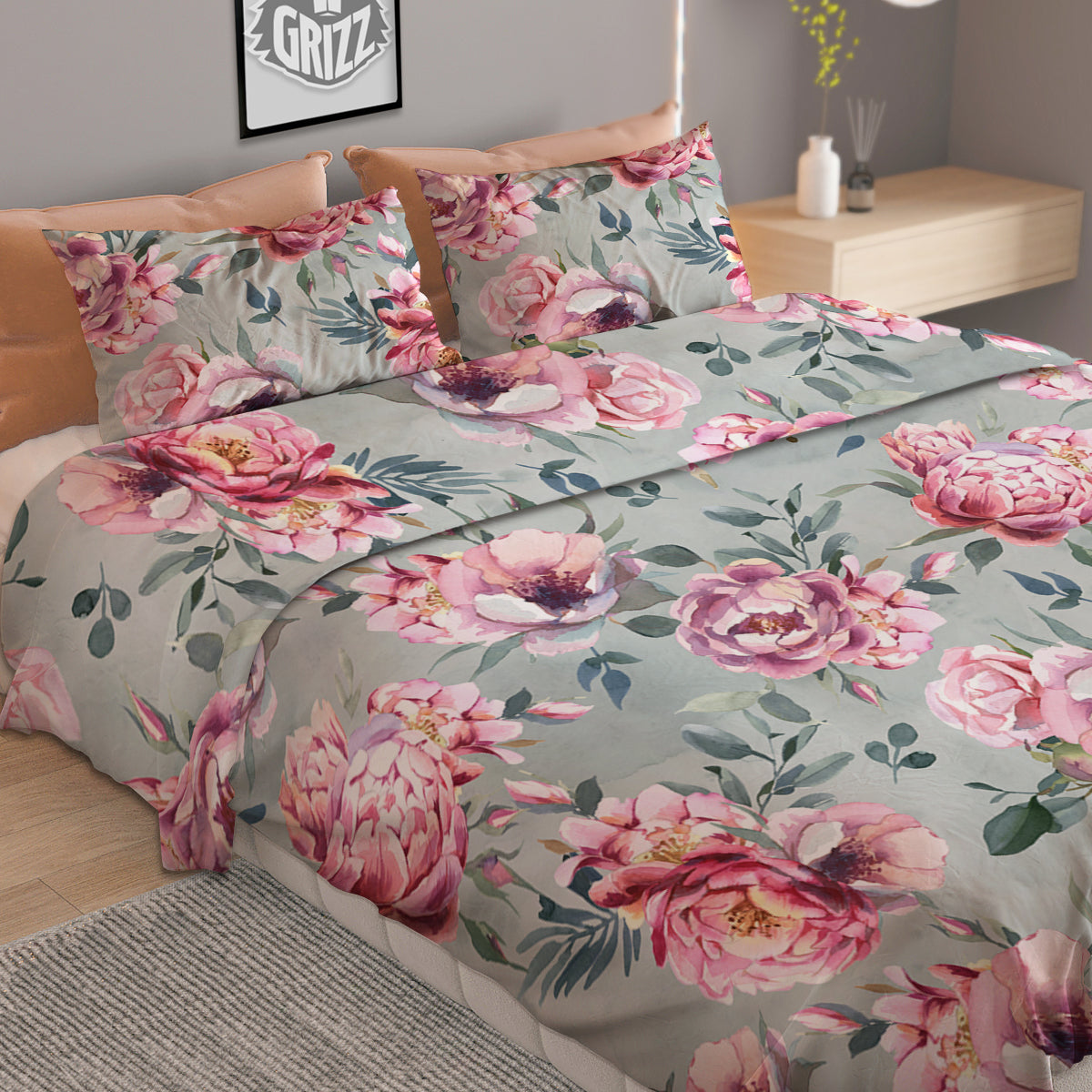 Peony Floral Pink Vintage Print Pattern Duvet Cover Bedding Set