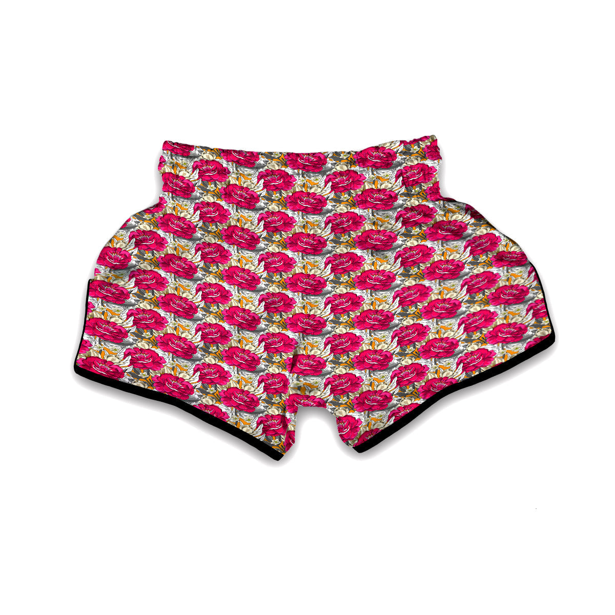 Peony Hand Drawn Print Pattern Muay Thai Boxing Shorts-grizzshop