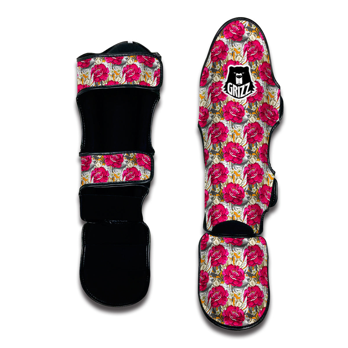 Peony Hand Drawn Print Pattern Muay Thai Shin Guards-grizzshop