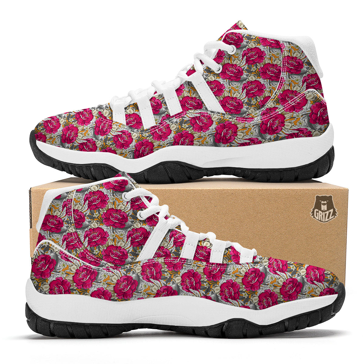 Peony Hand Drawn Print Pattern White Bball Shoes-grizzshop