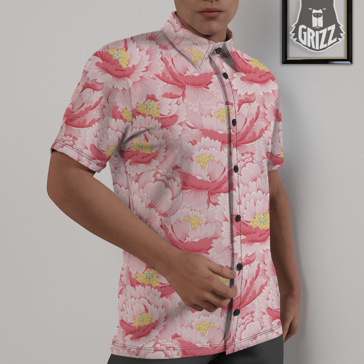 Peony Japanese Print Untucked Shirts-grizzshop