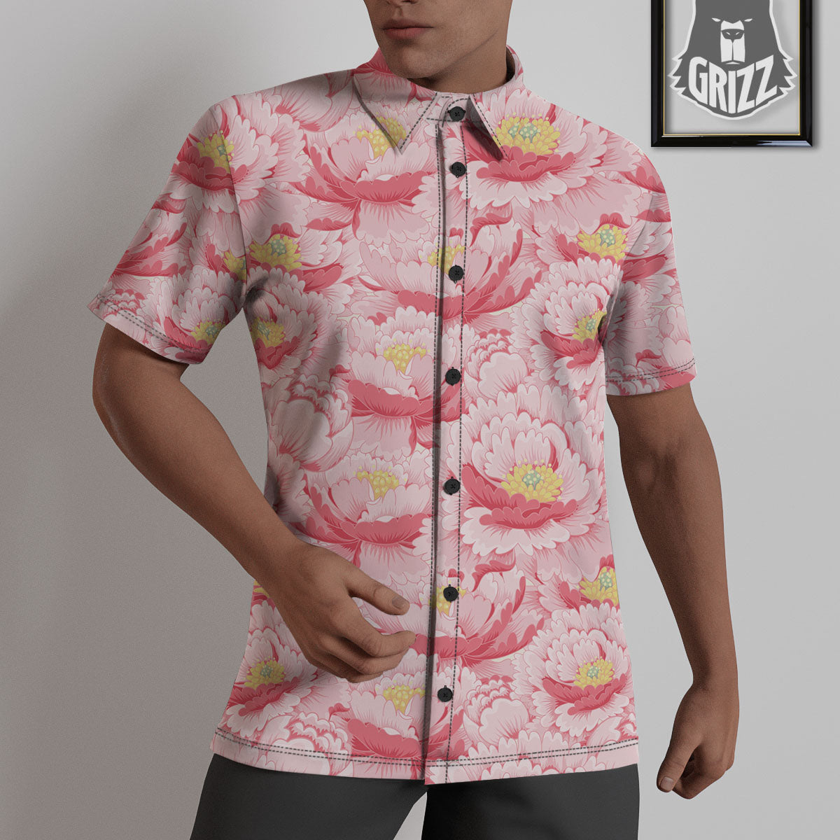 Peony Japanese Print Untucked Shirts-grizzshop