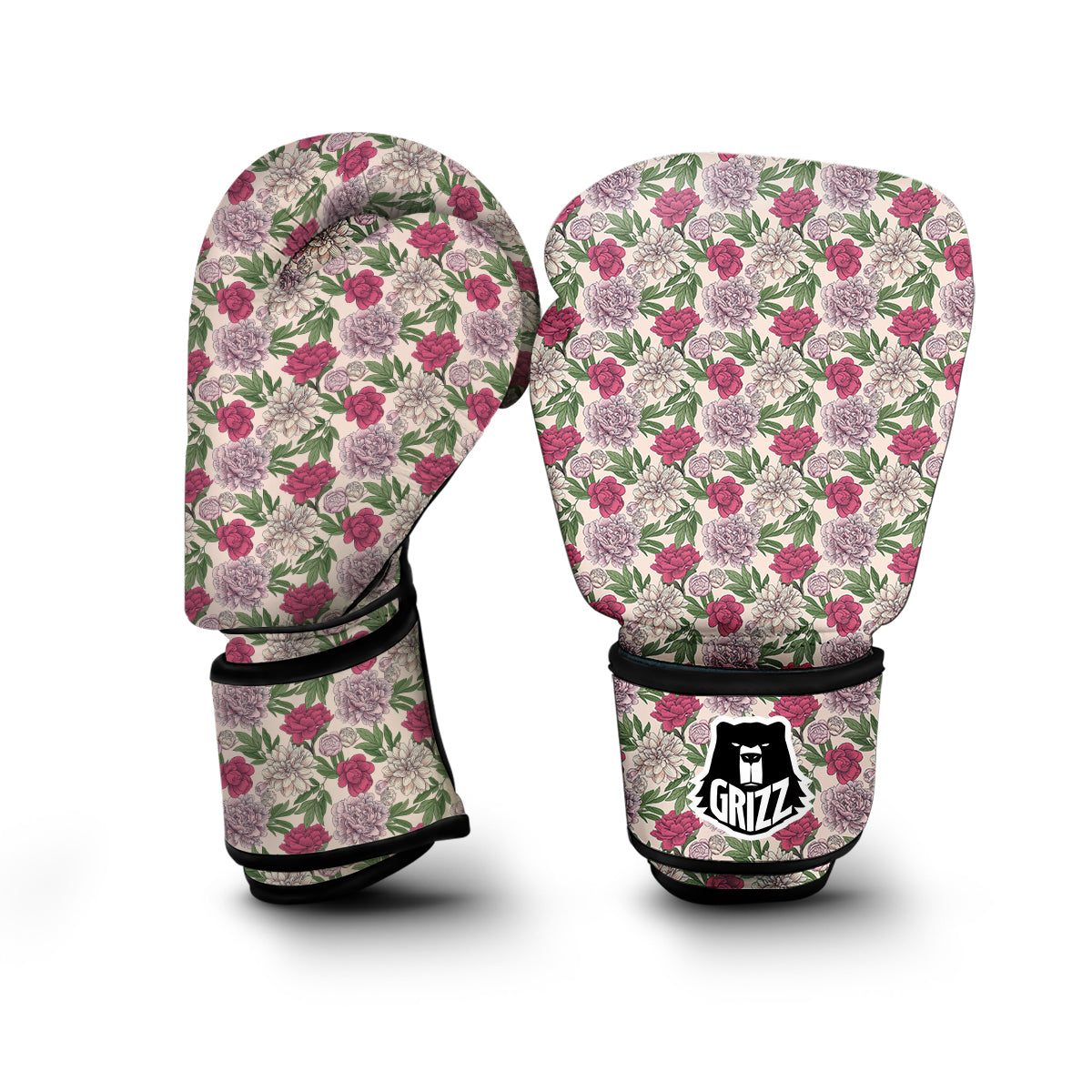 Peony Pink And Beige Print Pattern Boxing Gloves-grizzshop