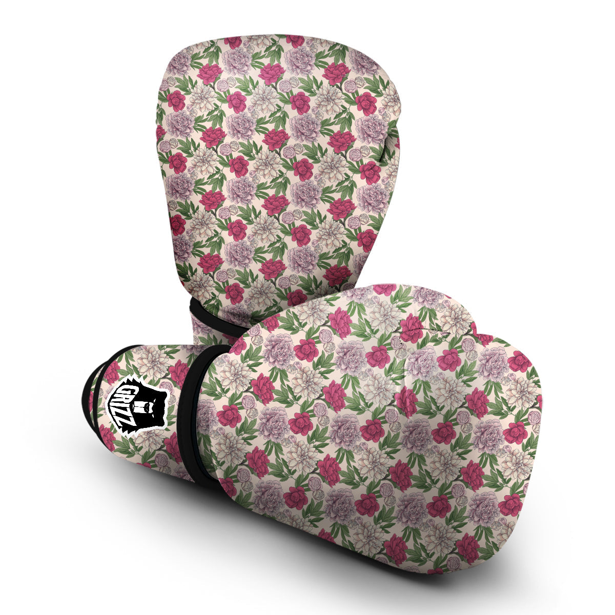 Peony Pink And Beige Print Pattern Boxing Gloves-grizzshop