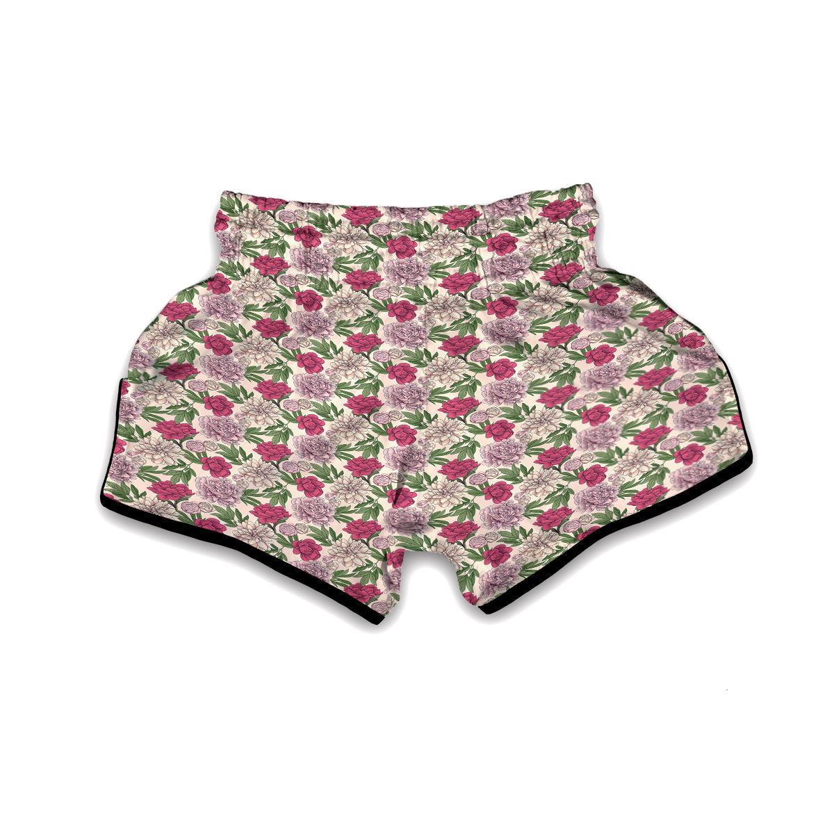 Peony Pink And Beige Print Pattern Muay Thai Boxing Shorts-grizzshop