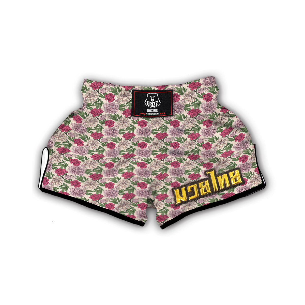 Peony Pink And Beige Print Pattern Muay Thai Boxing Shorts-grizzshop