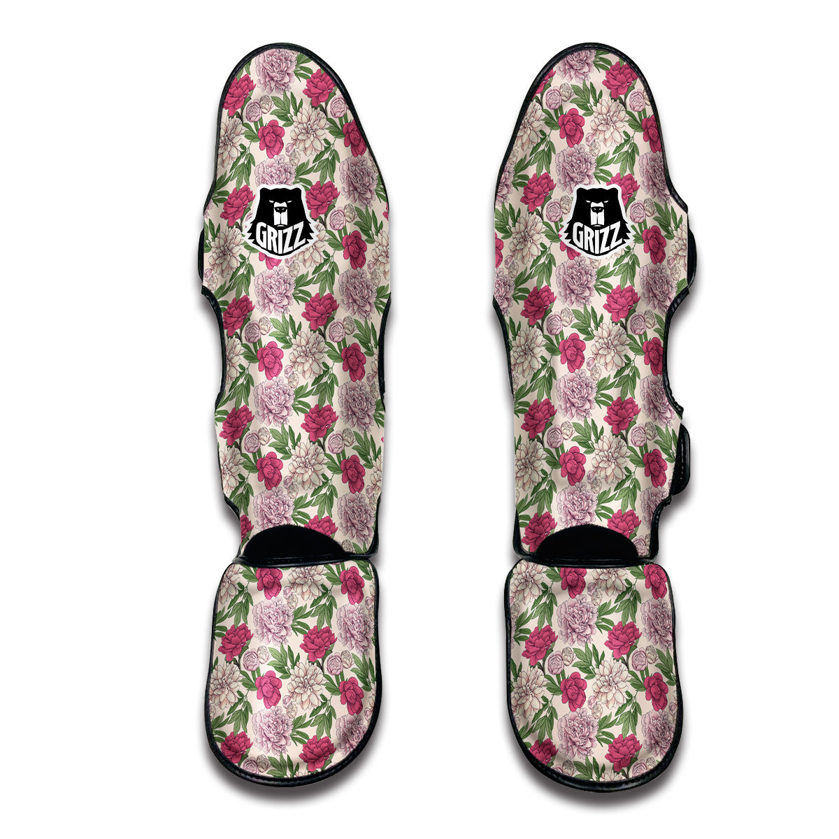 Peony Pink And Beige Print Pattern Muay Thai Shin Guards-grizzshop