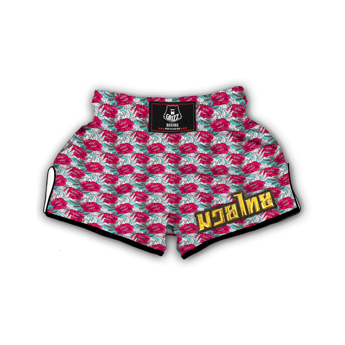 Peony Pink Hand Drawn Print Pattern Muay Thai Boxing Shorts-grizzshop