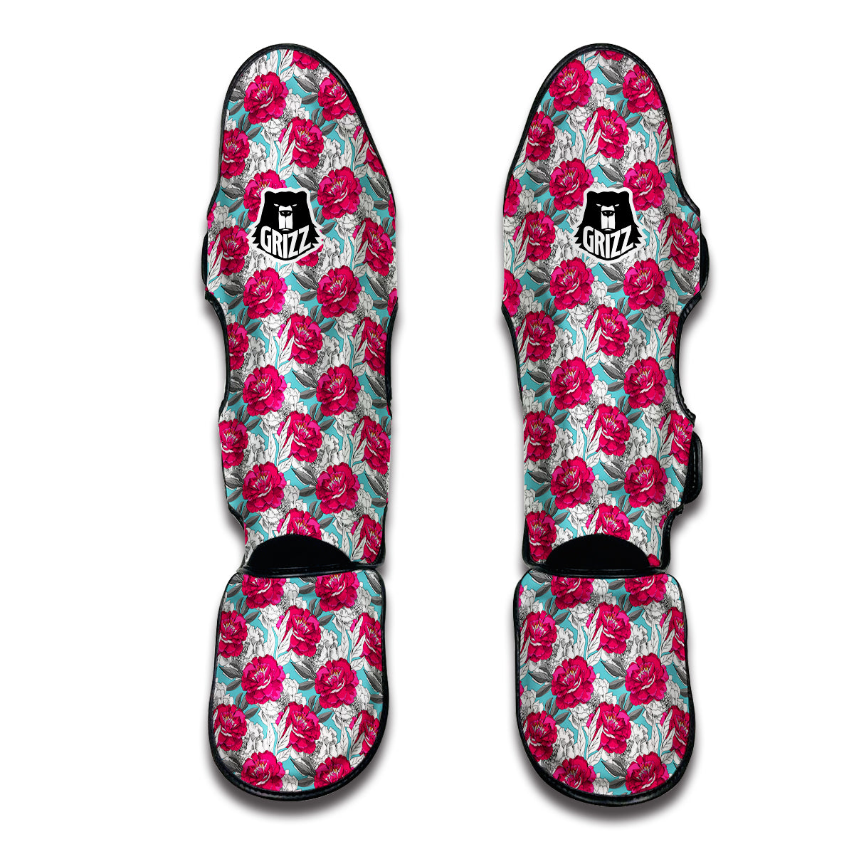 Peony Pink Hand Drawn Print Pattern Muay Thai Shin Guards-grizzshop