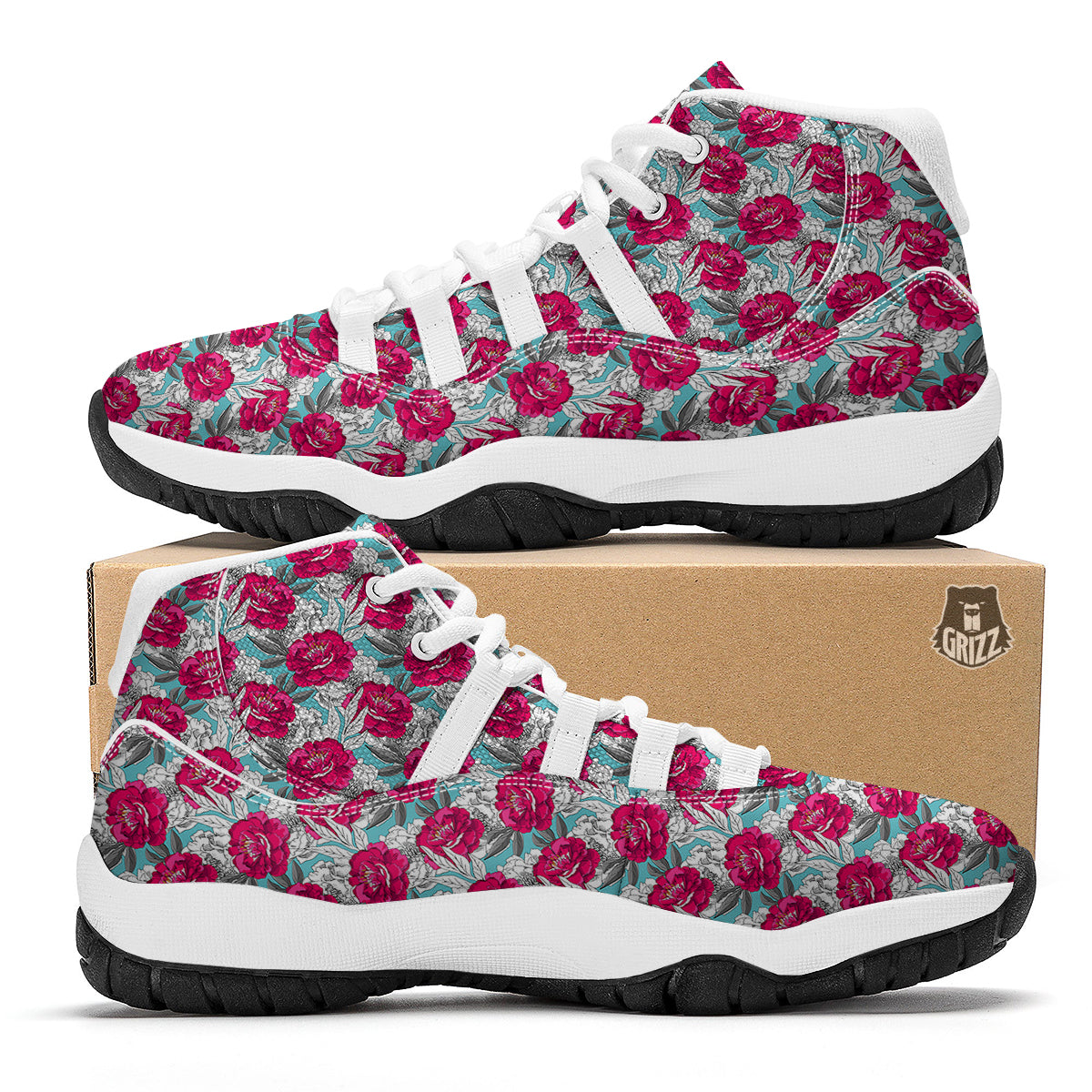 Peony Pink Hand Drawn Print Pattern White Bball Shoes-grizzshop